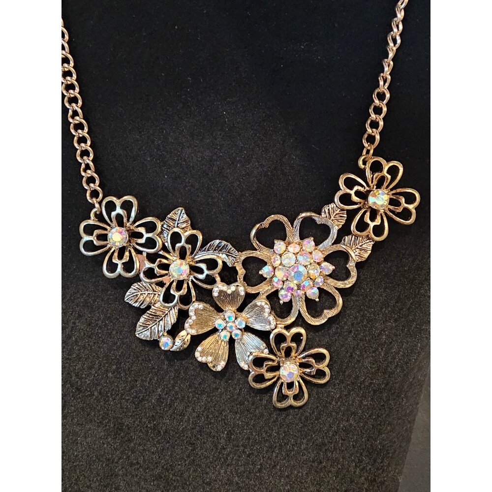 Gold Floral Iridescent Crystal Necklace